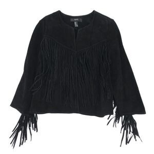 100% Leather Jacket Suede Cropped Western Boho Fringe Tassel Horse Girl Black